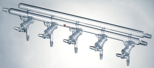 Synthware&#8482; all-glass vacuum/inert gas manifold with hollow high vacuum stopcocks number of ports, 3, Hose Connections: Front-left, Rear-left-right