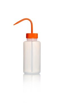 Azlon&nbsp;Square Shoulder Safety Wash Bottles With Driplok Vapor Venting wide-neck, low-density polyethylene bottle, orange polypropylene closure, capacity 500&#160;mL