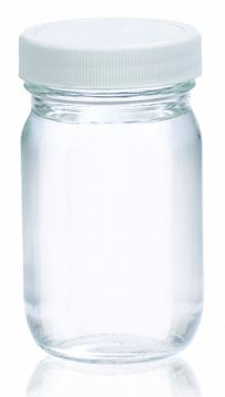 Wheaton wide-mouth bottle capacity 8&#160;oz (250&#160;mL), clear, vinyl flat liner, white polypropylene cap