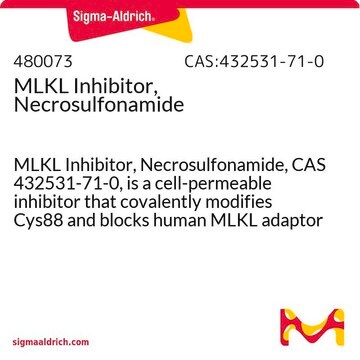 MLKL Inhibitor, Necrosulfonamide MLKL Inhibitor, Necrosulfonamide, CAS 432531-71-0, is a cell-permeable inhibitor that covalently modifies Cys88 and blocks human MLKL adaptor function.