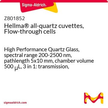 Hellma&#174; all-quartz cuvettes, Flow-through cells High Performance Quartz Glass, spectral range 200-2500 nm, pathlength 5x10&#160;mm, chamber volume 500&#160;&#956;L, 3 in 1: transmission, fluorescence, 2 optical path lengths