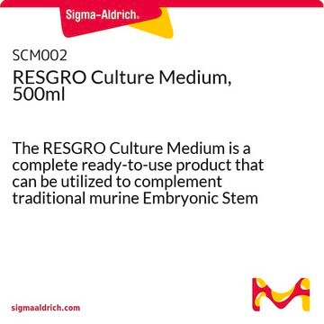 RESGRO Culture Medium, 500ml The RESGRO Culture Medium is a complete ready-to-use product that can be utilized to complement traditional murine Embryonic Stem (ES) cell culture media containing ESGRO murine LIF medium supplement. It is available in a 500mL format.