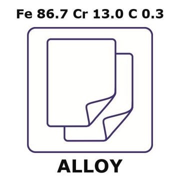 Stainless Steel - AISI 420 alloy, Fe86.7Cr13.0C0.3 foil, 100 x 100mm, 0.075mm thickness, annealed, light tight (lt)