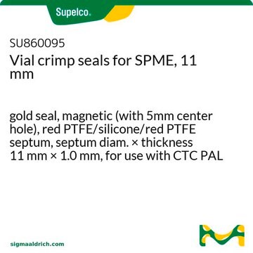 Vial crimp seals for SPME, 11 mm gold seal, magnetic (with 5mm center hole), red PTFE/silicone/red PTFE septum, septum diam. × thickness 11&#160;mm × 1.0&#160;mm, for use with CTC PAL and TriPlus autosamplers, pkg of 100&#160;ea