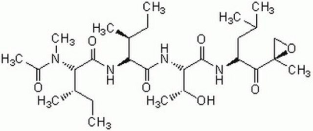 Epoxomicin, Synthetic Epoxomicin, Synthetic, CAS 134381-21-8, is a potent, specific, and irreversible inhibitor of chymotrypsin-like, trypsin-like, and peptidyl-glutamyl peptide hydrolyzing activities of the proteasome.