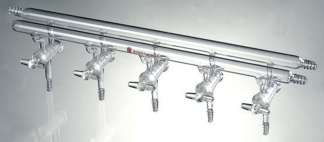 Synthware&#8482; all-glass vacuum/inert gas manifold with hollow high vacuum stopcocks number of ports, 5, Hose Connections: Front-right, Rear-left-right