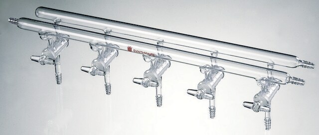 Synthware&#8482; all-glass vacuum/inert gas manifold with solid high vacuum stopcocks number of ports, 5, Hose Connections: Front-left-right, Rear-right