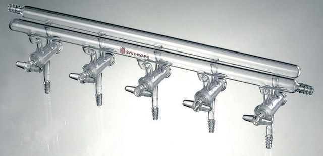 Synthware&#8482; all-glass vacuum/inert gas manifold with hollow high vacuum stopcocks number of ports, 5, Hose Connections: Front-right, Rear-left