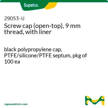 Screw cap (open-top), 9 mm thread, with liner black polypropylene cap, PTFE/silicone/PTFE septum, pkg of 100&#160;ea