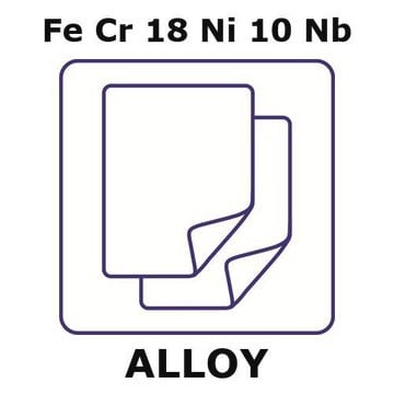 Stainless Steel - AISI 347 alloy, FeCr18Ni10Nb foil, 100 x 100mm, 0.1mm thickness, annealed