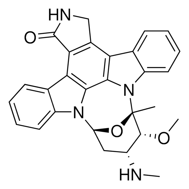 Staurosporine, Streptomyces sp. Staurosporine, CAS 62996-74-, is a cell-permeable, potent, reversible, ATP-competitive inhibitor of protein kinases (IC&#8325;&#8320; = 7, 20, 1.3, 0.7, &amp; 8.5 nM for PKA, CAMK, MLCK, PKC, &amp; PKG, respectively).